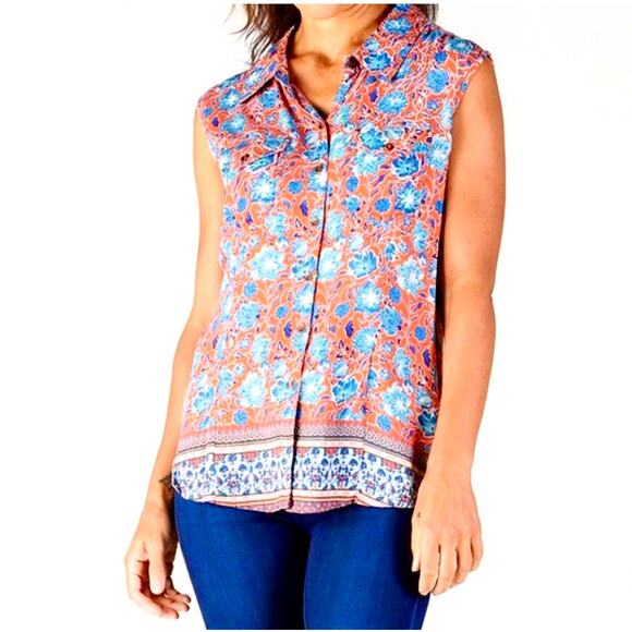 Lola P. Floral Top Womens Large Teal & Rust Sleeveless Button Tie Back Tank - Picture 1 of 8